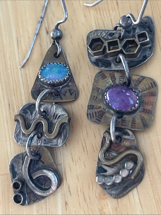 Angela Duffin Jewelry - Opal and Purple Amethyst Artisan 925 Mixed-Metal Dangle Earrings (E1)